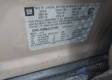 2018 Chevrolet Trax Premier из США, поврежденный, VIN 3GNCJRSB9JL237689